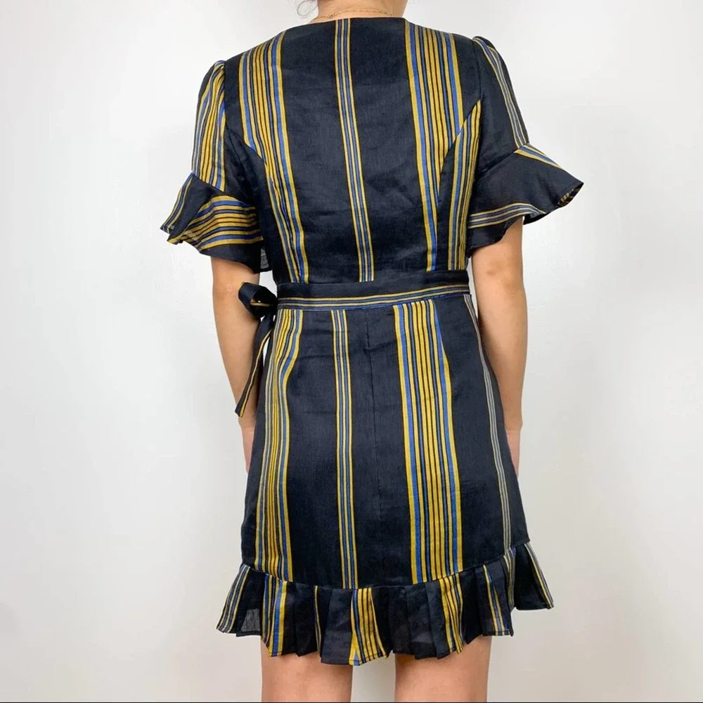 Honeypunch Lulus Black Striped Short Sleeve Ruffle Wrap Mini Dress Size Medium - Picture 7 of 13